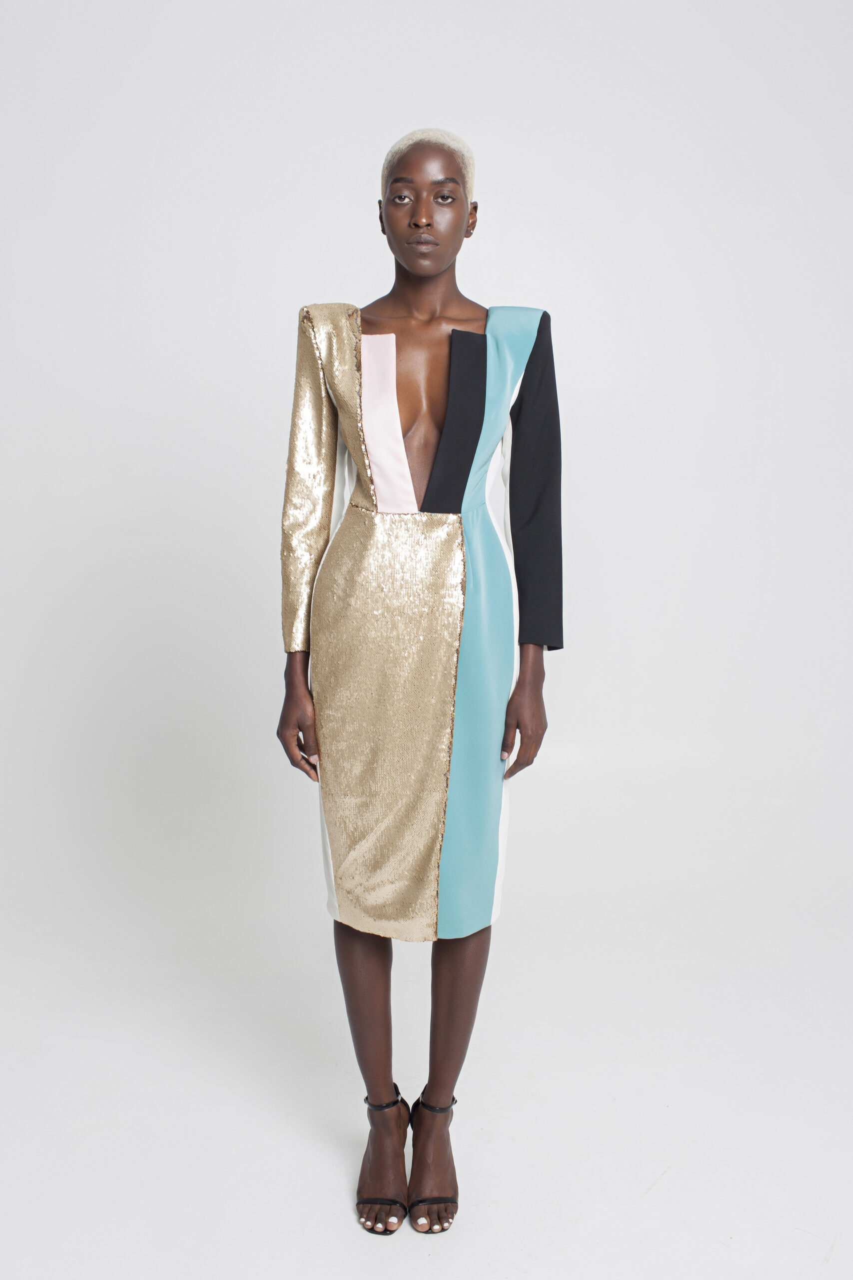 BLACK WOOL, GOLD SEQUIN, TEAL AND WHITE SILK CREPE V-NECK JACKET/MIDI DRESS WITH PINK DETAILS